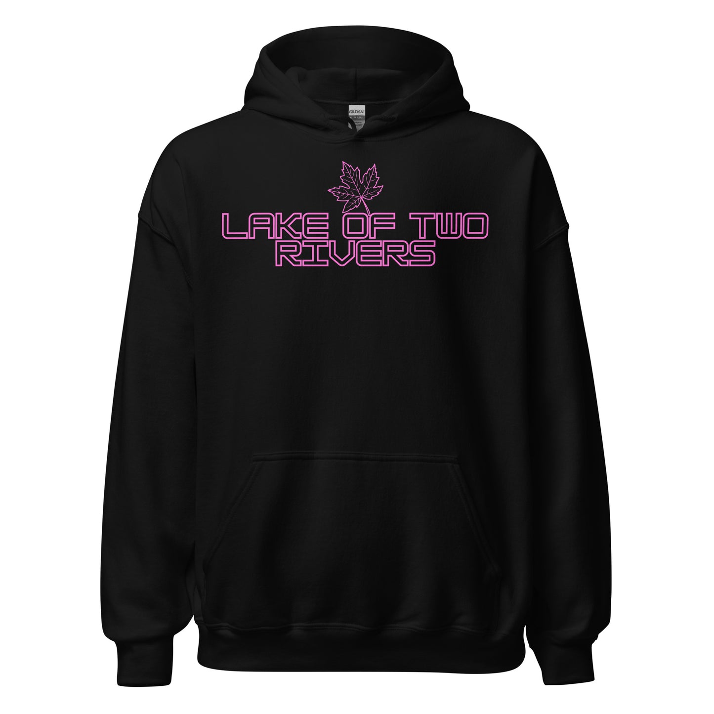 Lake of Two Rivers - Algonquin Park - Bright Pink Design with Maple Leaf - Quality Unisex Hoodie