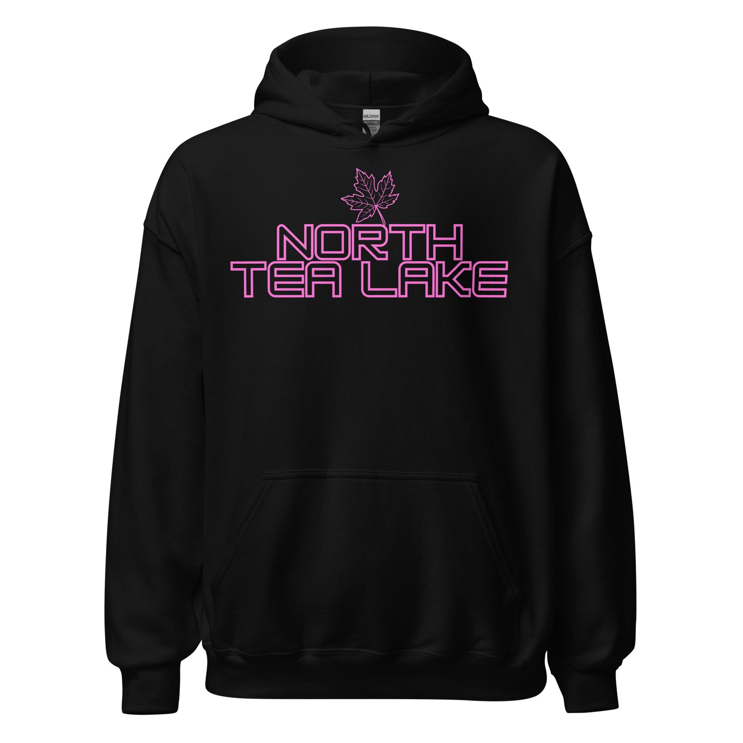 North Tea Lake - Algonquin Park - Bright Pink Design with Maple Leaf - Quality Unisex Hoodie