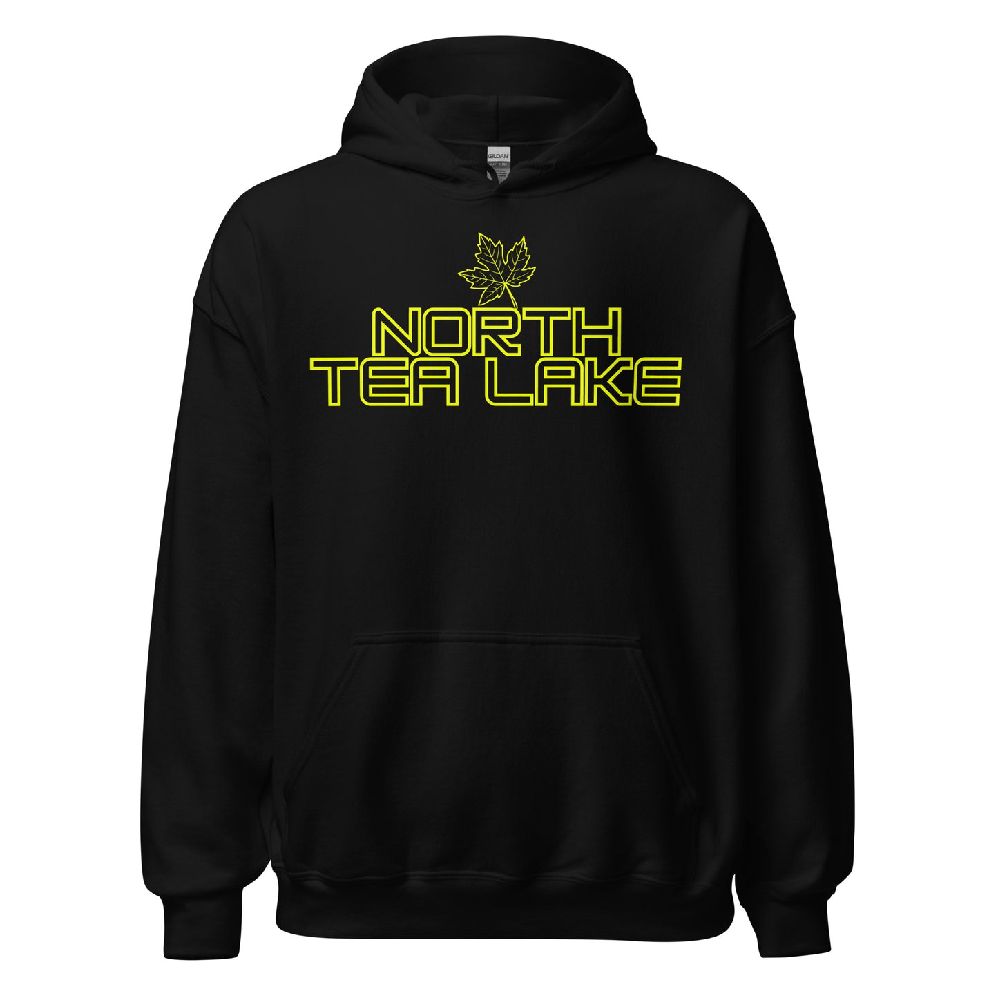 North Tea Lake - Algonquin Park - Bright Yellow Design with Maple Leaf - Quality Unisex Hoodie
