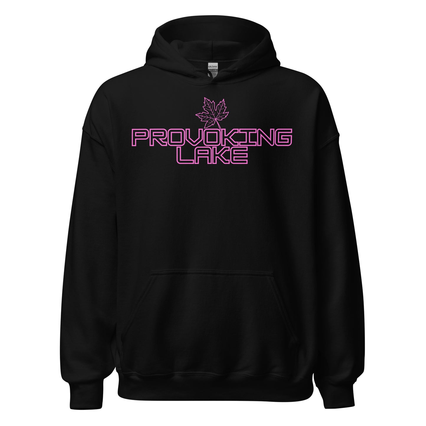 Provoking Lake - Algonquin Park - Bright Pink Design with Maple Leaf - Quality Unisex Hoodie