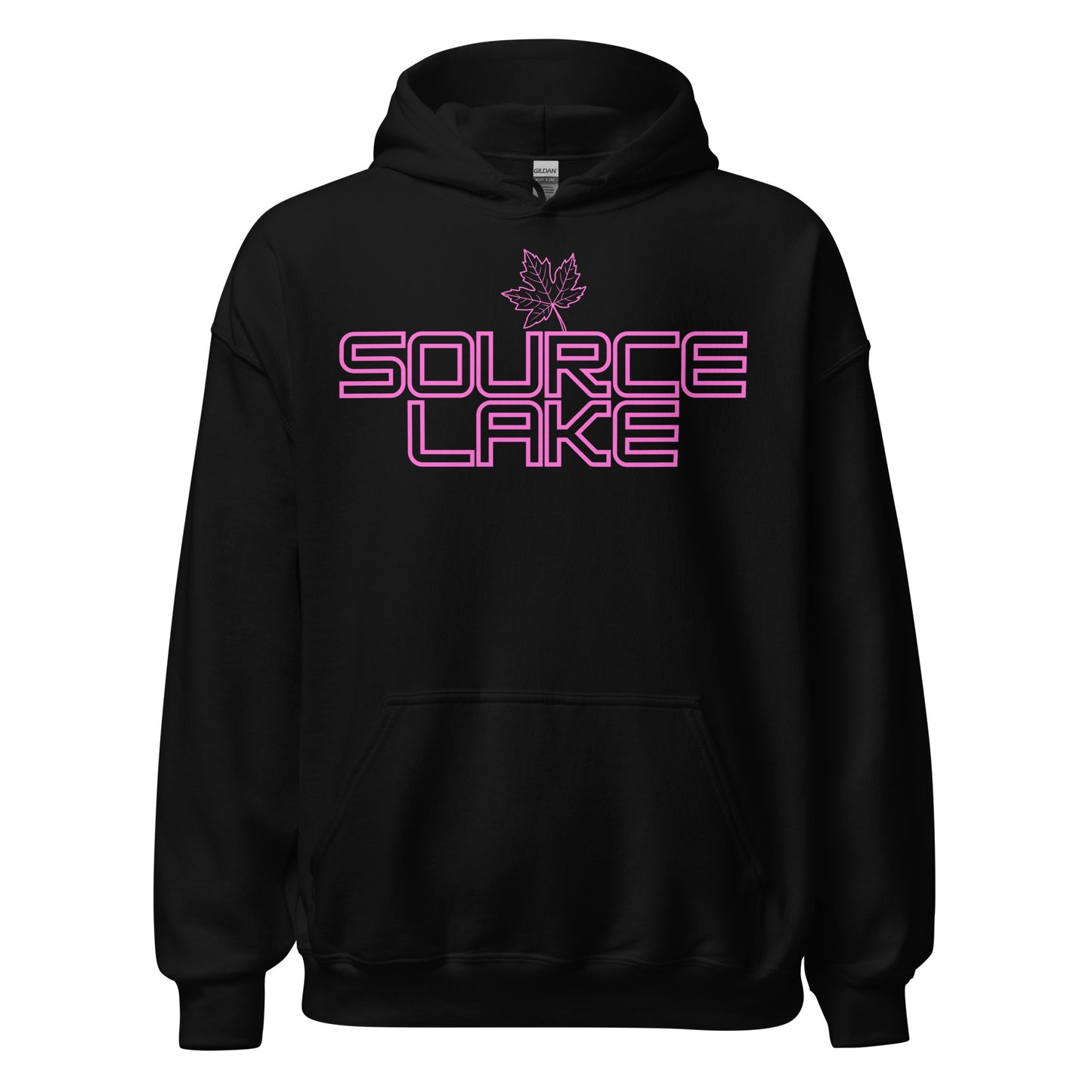 Source Lake - Algonquin Park - Bright Pink Design with Maple Leaf - Quality Unisex Hoodie
