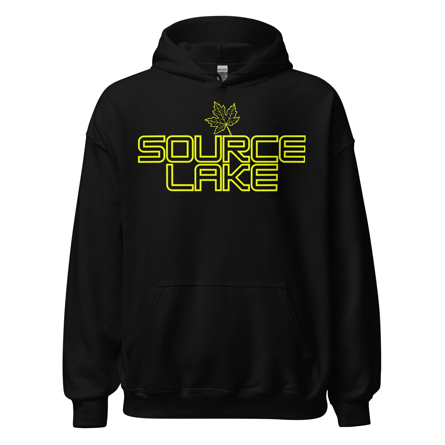 Source Lake - Algonquin Park - Bright Yellow Design with Maple Leaf - Quality Unisex Hoodie
