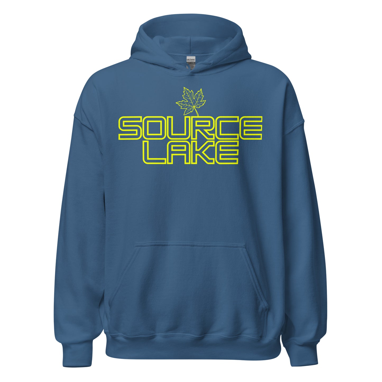 Source Lake - Algonquin Park - Bright Yellow Design with Maple Leaf - Quality Unisex Hoodie