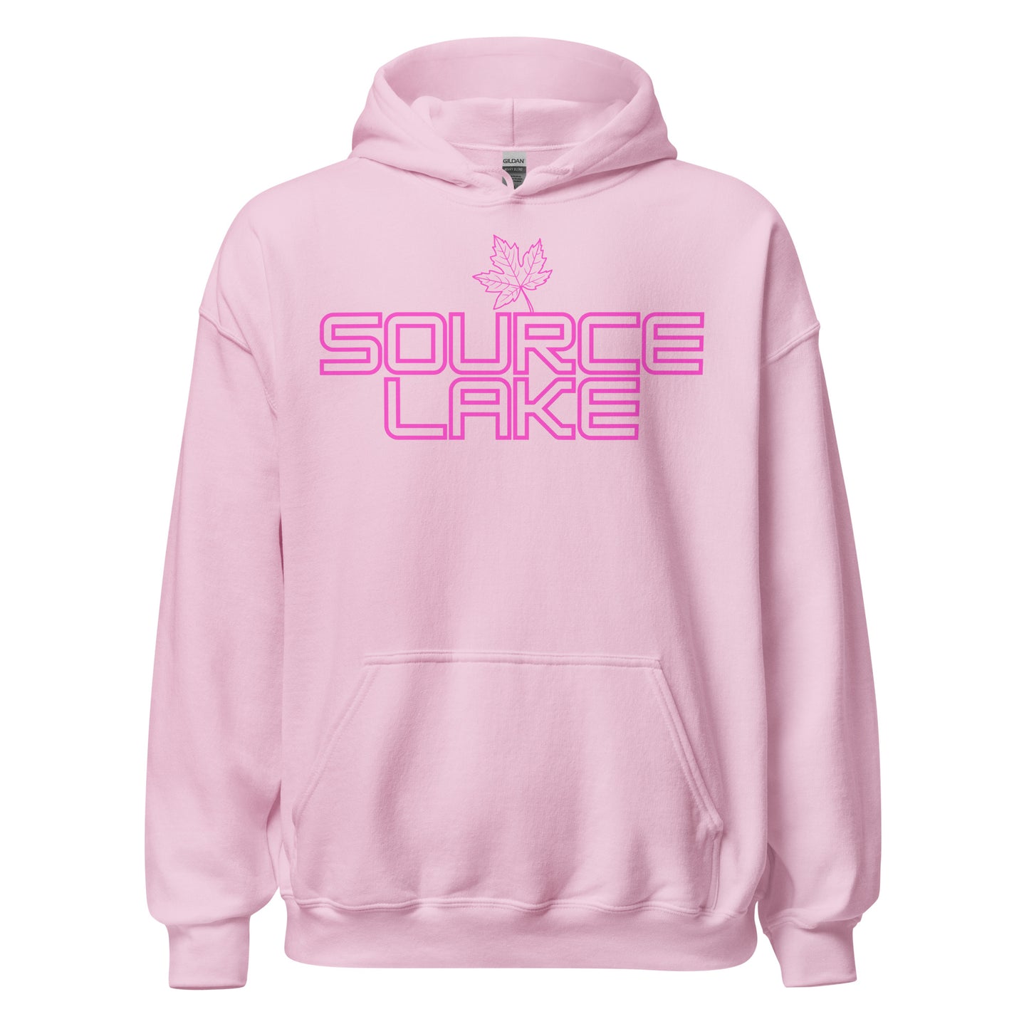 Source Lake - Algonquin Park - Bright Pink Design with Maple Leaf - Quality Unisex Hoodie