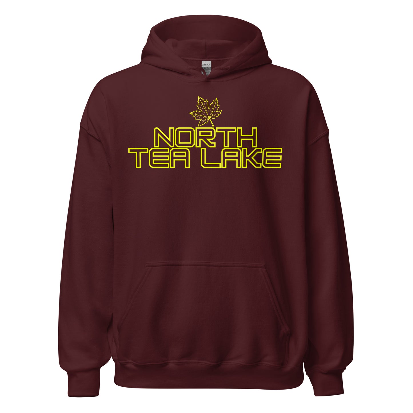 North Tea Lake - Algonquin Park - Bright Yellow Design with Maple Leaf - Quality Unisex Hoodie
