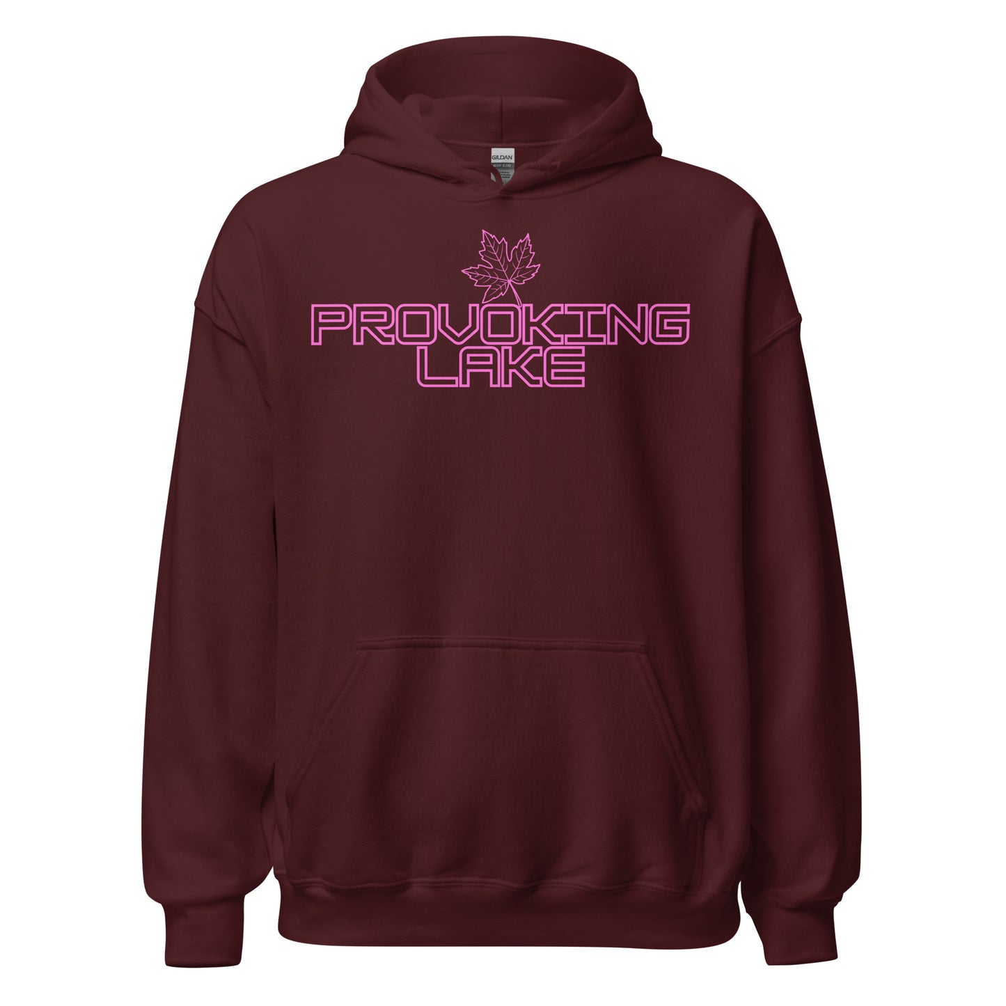 Provoking Lake - Algonquin Park - Bright Pink Design with Maple Leaf - Quality Unisex Hoodie