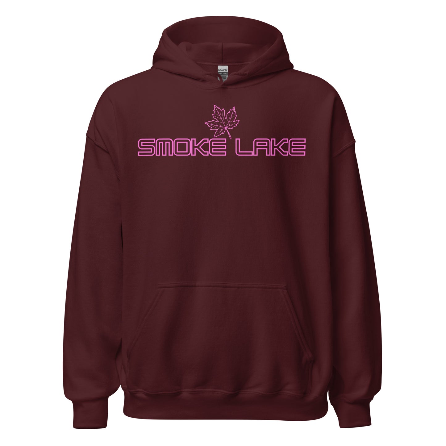 Smoke Lake - Algonquin Park - Bright Pink Design with Maple Leaf - Quality Unisex Hoodie