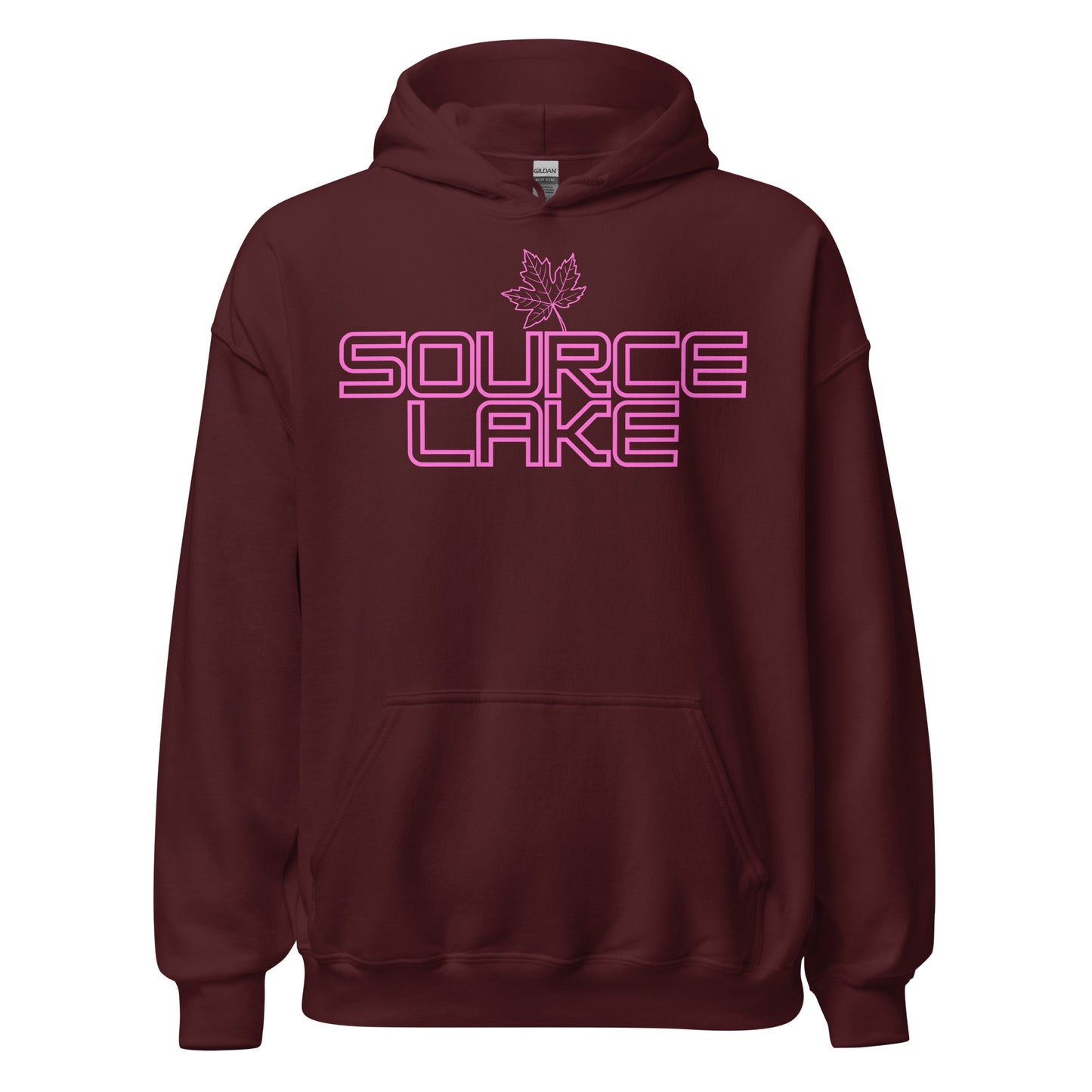 Source Lake - Algonquin Park - Bright Pink Design with Maple Leaf - Quality Unisex Hoodie