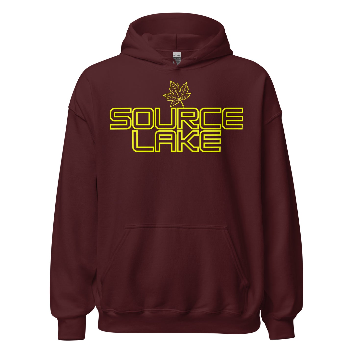 Source Lake - Algonquin Park - Bright Yellow Design with Maple Leaf - Quality Unisex Hoodie