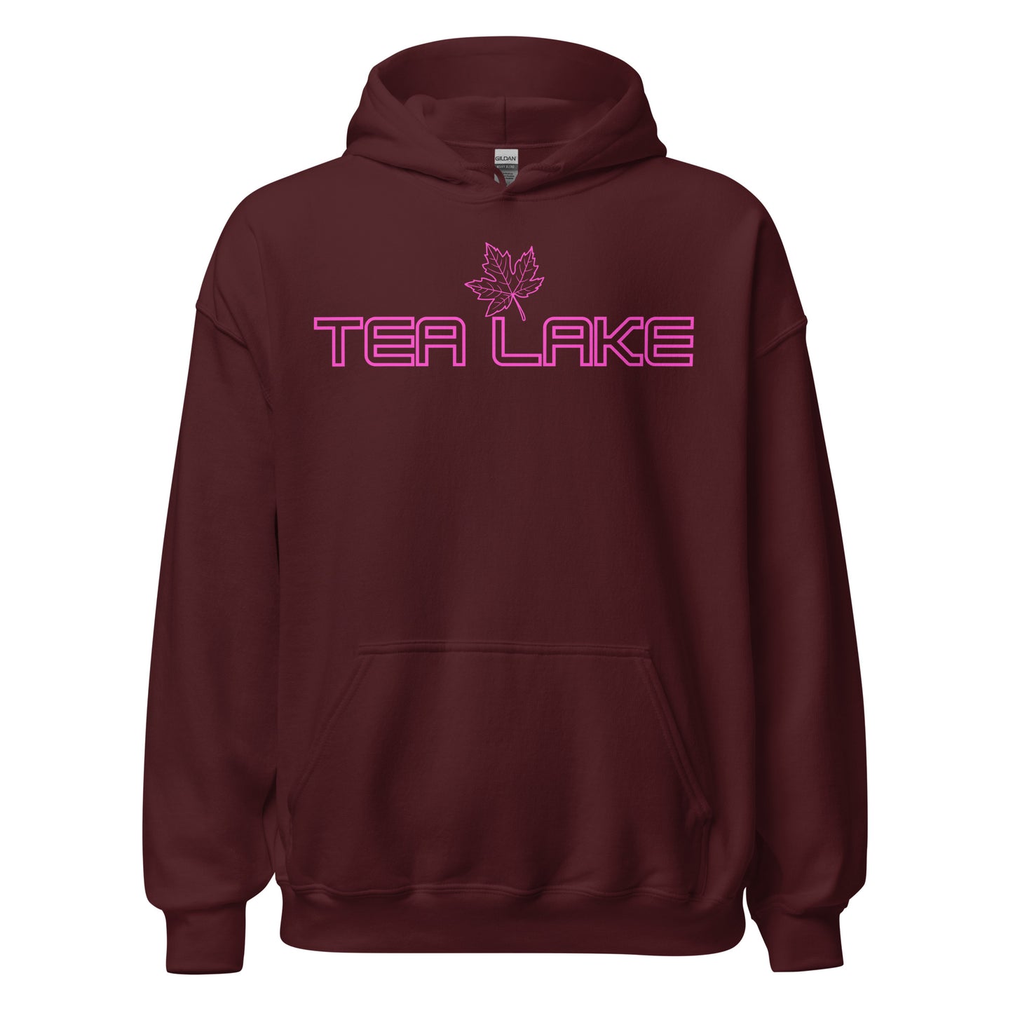 Tea Lake - Algonquin Park - Bright Pink Design with Maple Leaf - Quality Unisex Hoodie