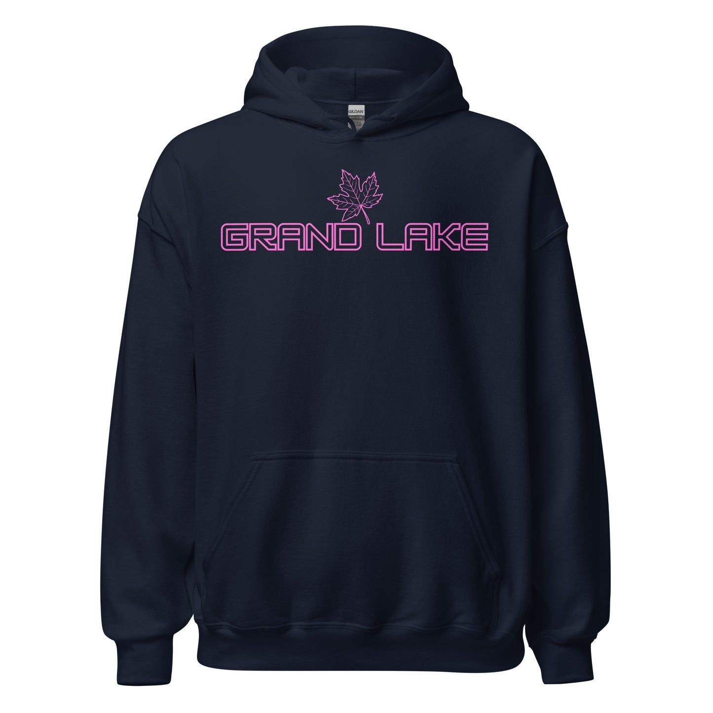 Grand Lake - Algonquin Park - Bright Pink Design with Maple Leaf - Quality Unisex Hoodie