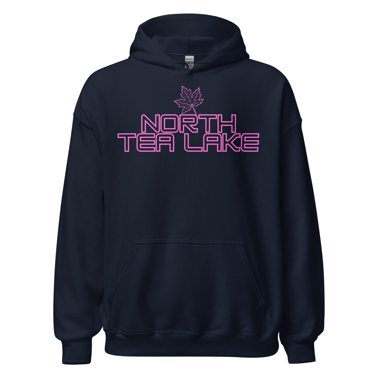 North Tea Lake - Algonquin Park - Bright Pink Design with Maple Leaf - Quality Unisex Hoodie