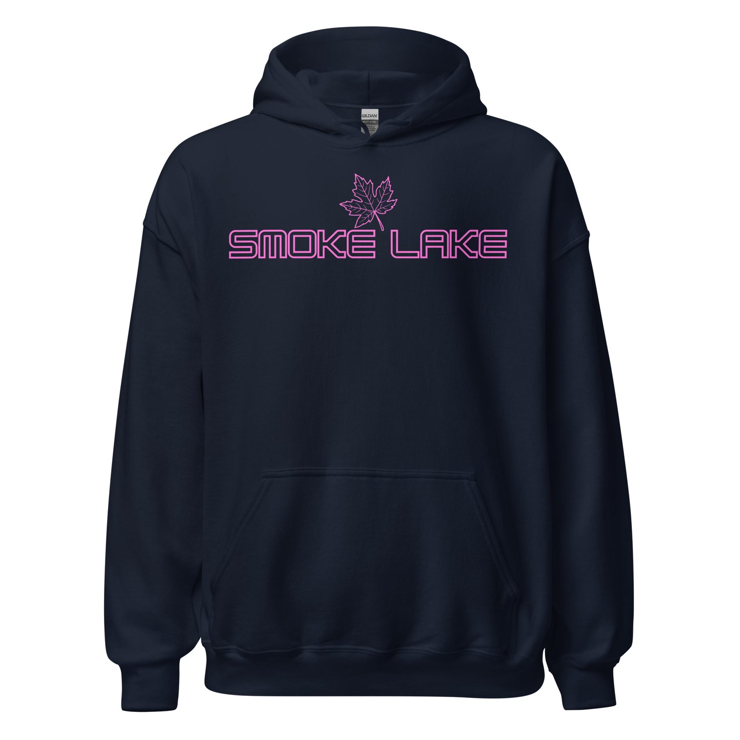 Smoke Lake - Algonquin Park - Bright Pink Design with Maple Leaf - Quality Unisex Hoodie