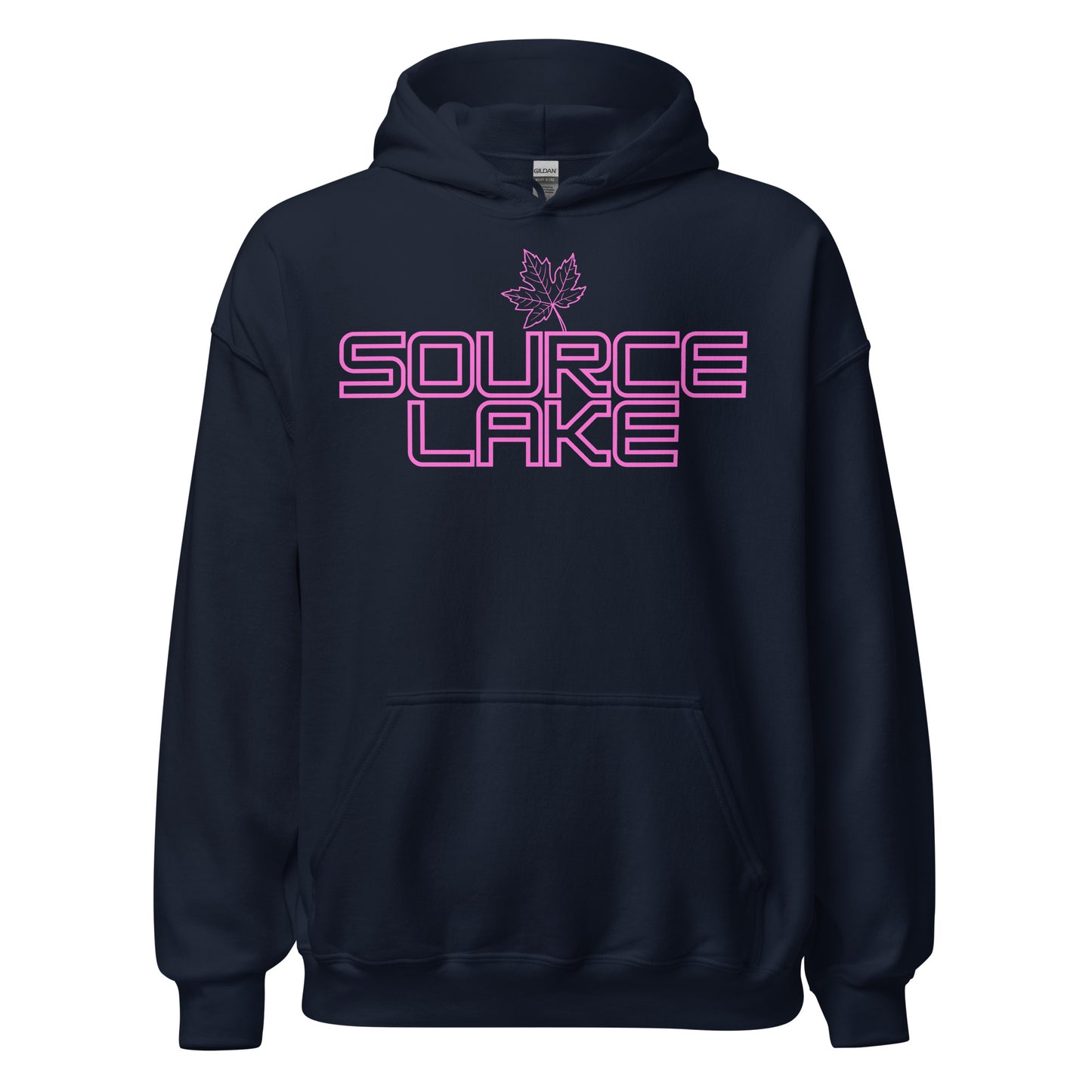 Source Lake - Algonquin Park - Bright Pink Design with Maple Leaf - Quality Unisex Hoodie