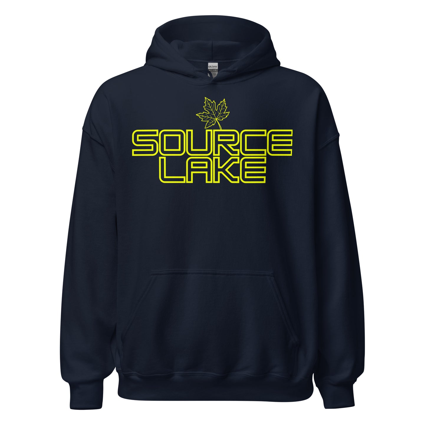 Source Lake - Algonquin Park - Bright Yellow Design with Maple Leaf - Quality Unisex Hoodie