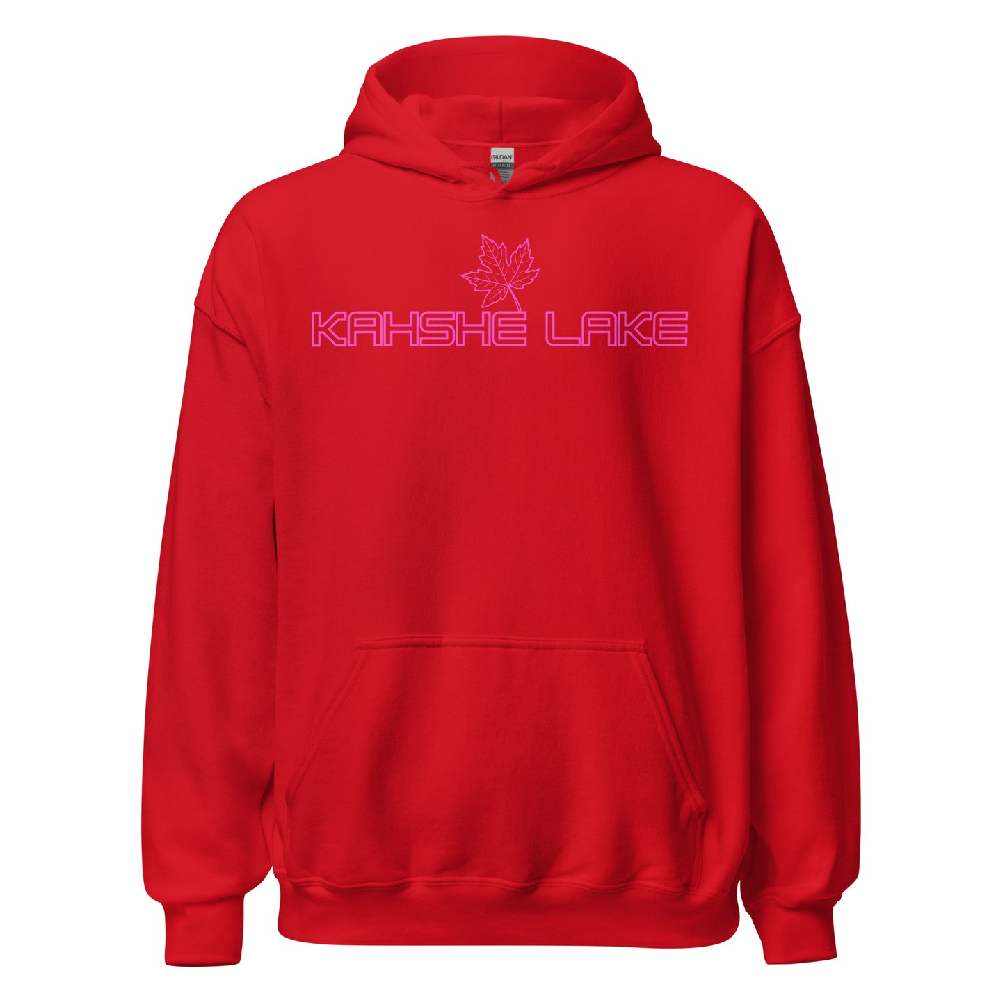 Kahshe Lake - Algonquin Park - Bright Pink Design with Maple Leaf - Quality Unisex Hoodie