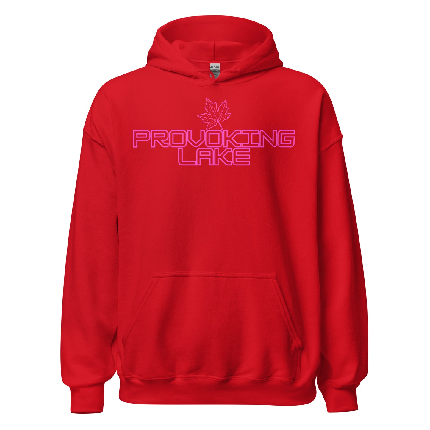 Provoking Lake - Algonquin Park - Bright Pink Design with Maple Leaf - Quality Unisex Hoodie