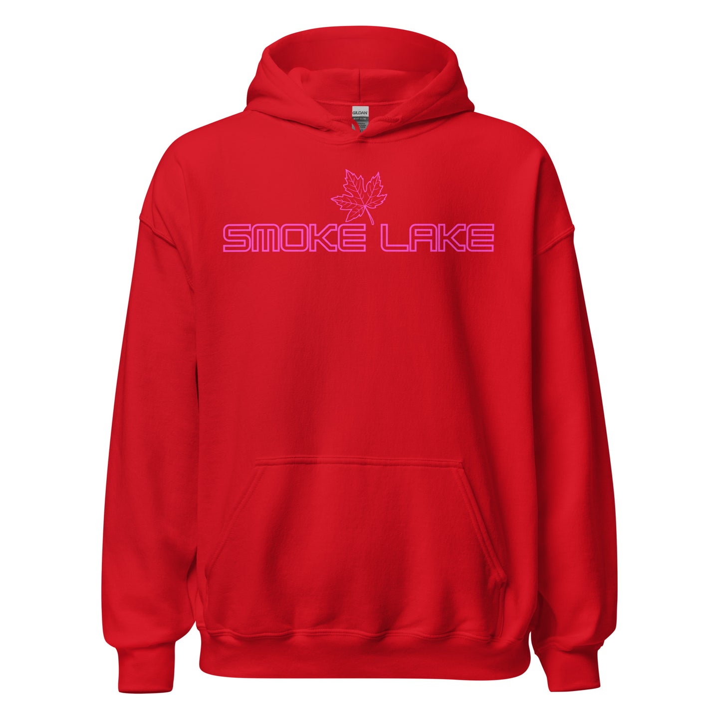 Smoke Lake - Algonquin Park - Bright Pink Design with Maple Leaf - Quality Unisex Hoodie