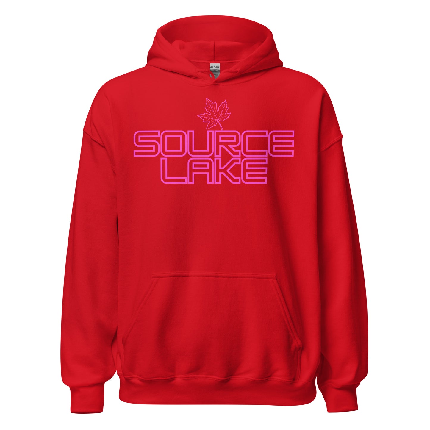 Source Lake - Algonquin Park - Bright Pink Design with Maple Leaf - Quality Unisex Hoodie