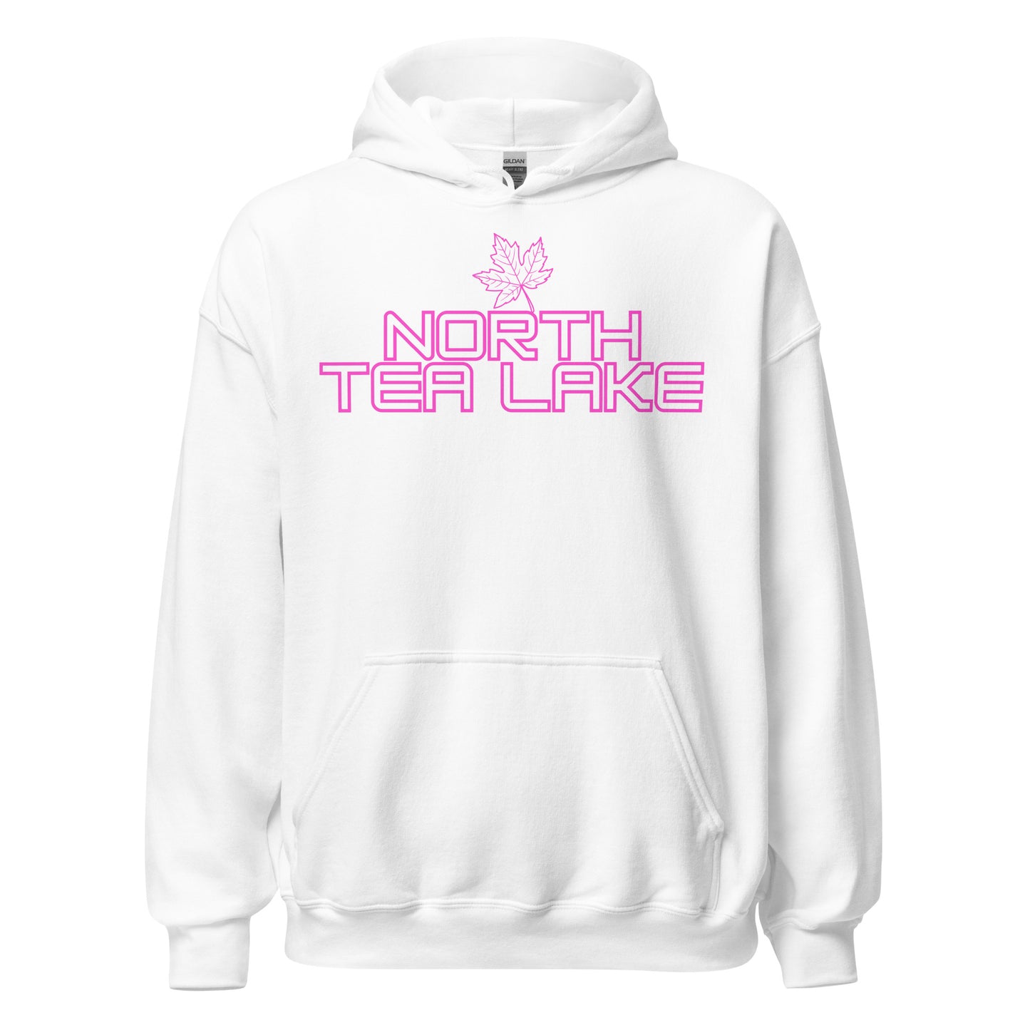 North Tea Lake - Algonquin Park - Bright Pink Design with Maple Leaf - Quality Unisex Hoodie