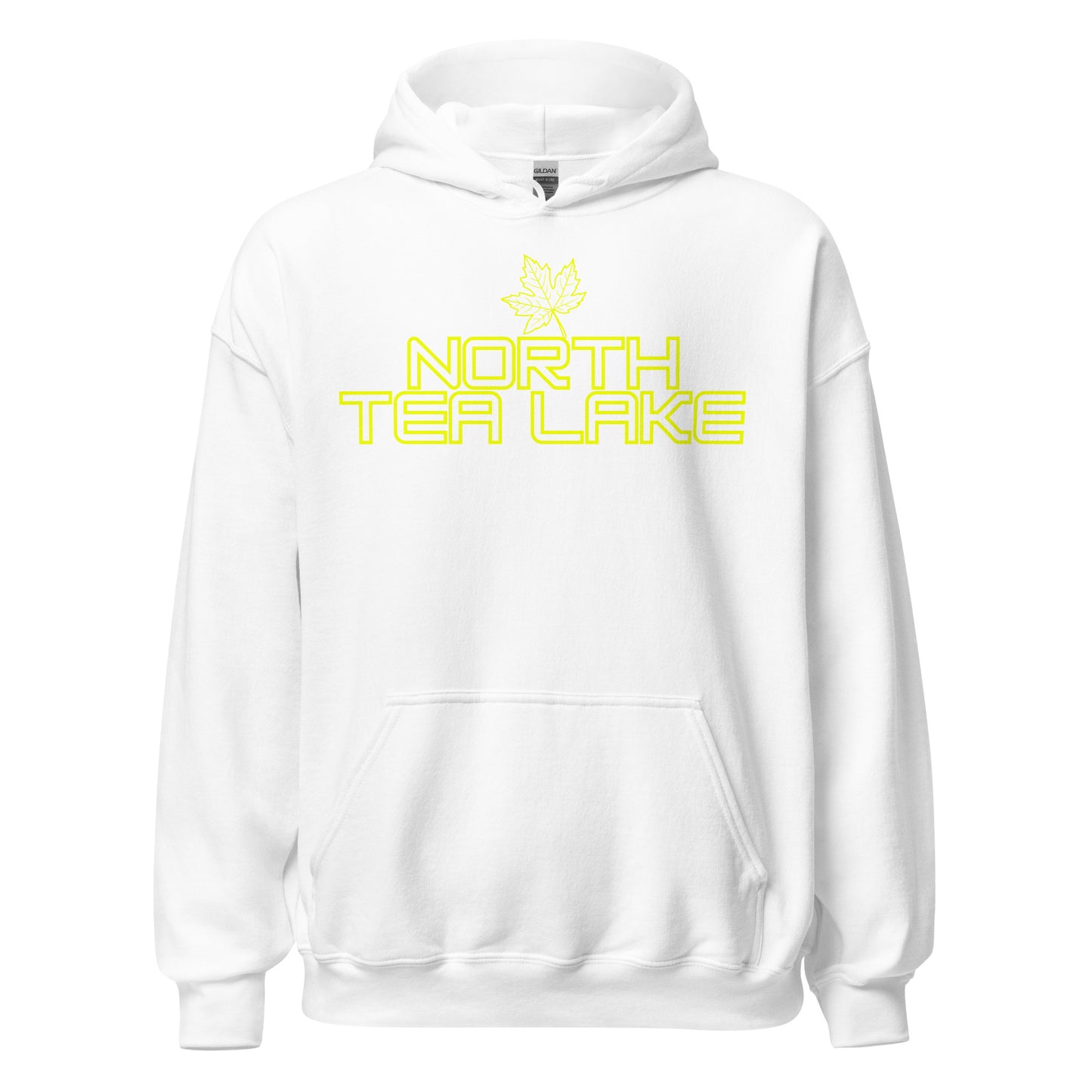 North Tea Lake - Algonquin Park - Bright Yellow Design with Maple Leaf - Quality Unisex Hoodie