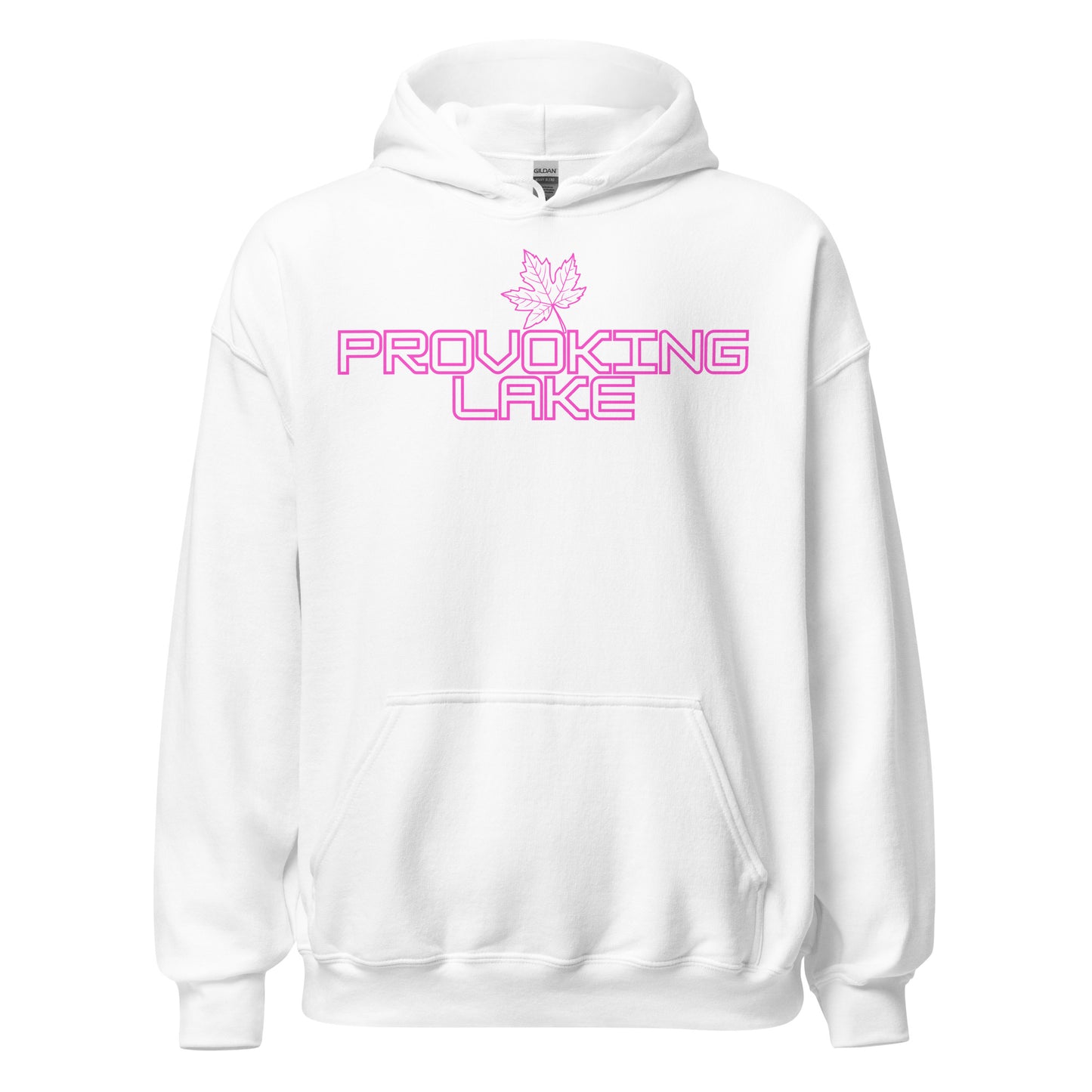 Provoking Lake - Algonquin Park - Bright Pink Design with Maple Leaf - Quality Unisex Hoodie