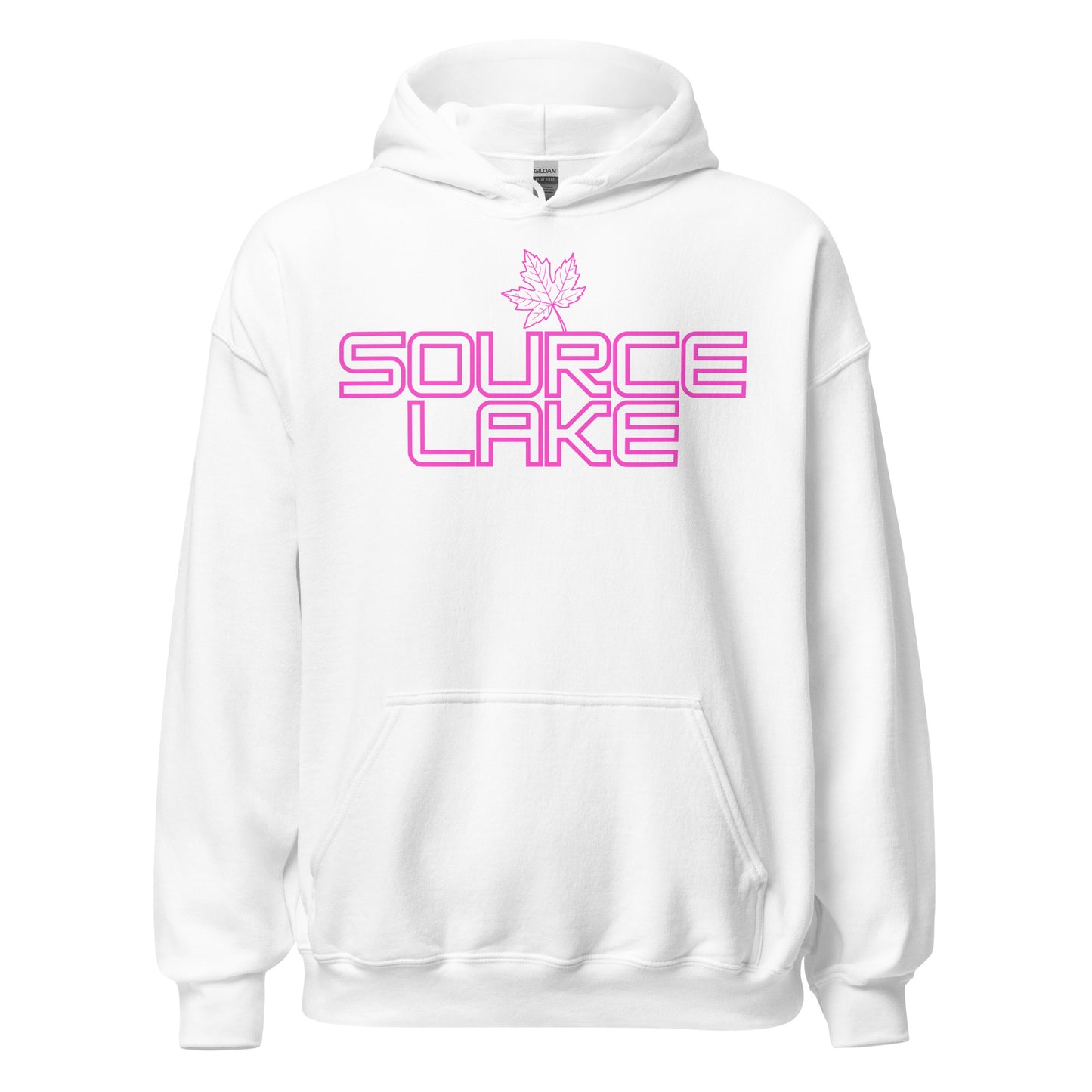 Source Lake - Algonquin Park - Bright Pink Design with Maple Leaf - Quality Unisex Hoodie