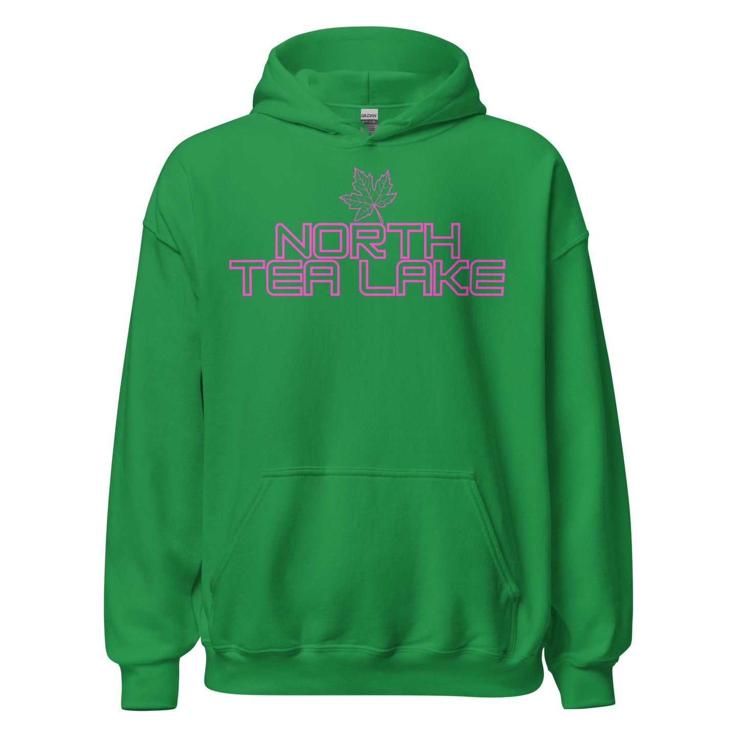 North Tea Lake - Algonquin Park - Bright Pink Design with Maple Leaf - Quality Unisex Hoodie