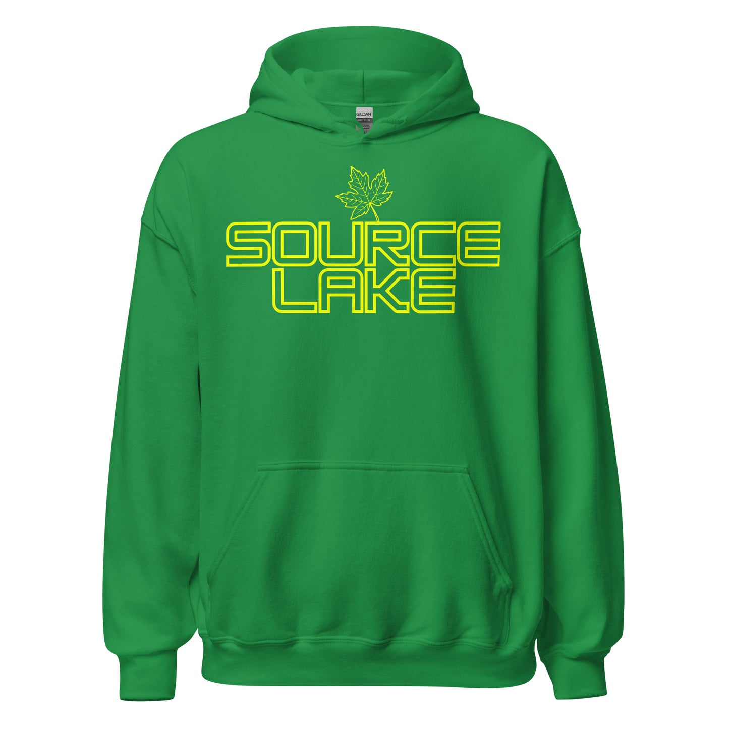Source Lake - Algonquin Park - Bright Yellow Design with Maple Leaf - Quality Unisex Hoodie