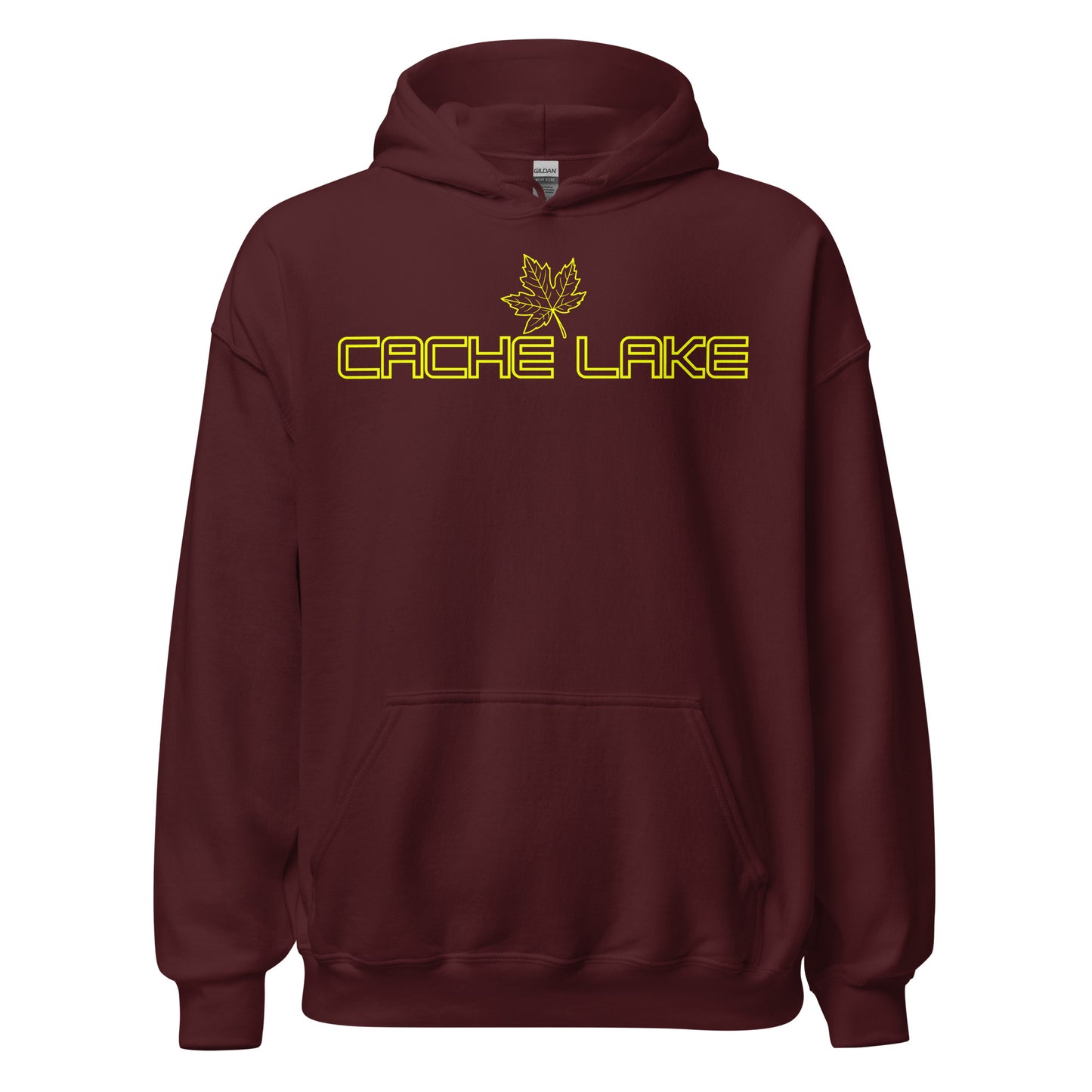 Cache Lake - Algonquin Park - Bright Yellow Design with Maple Leaf - Quality Unisex Hoodie