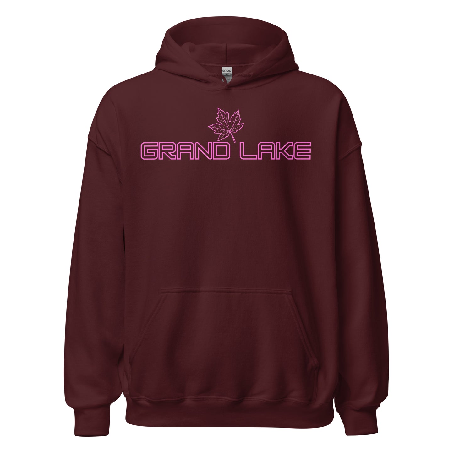 Grand Lake - Algonquin Park - Bright Pink Design with Maple Leaf - Quality Unisex Hoodie