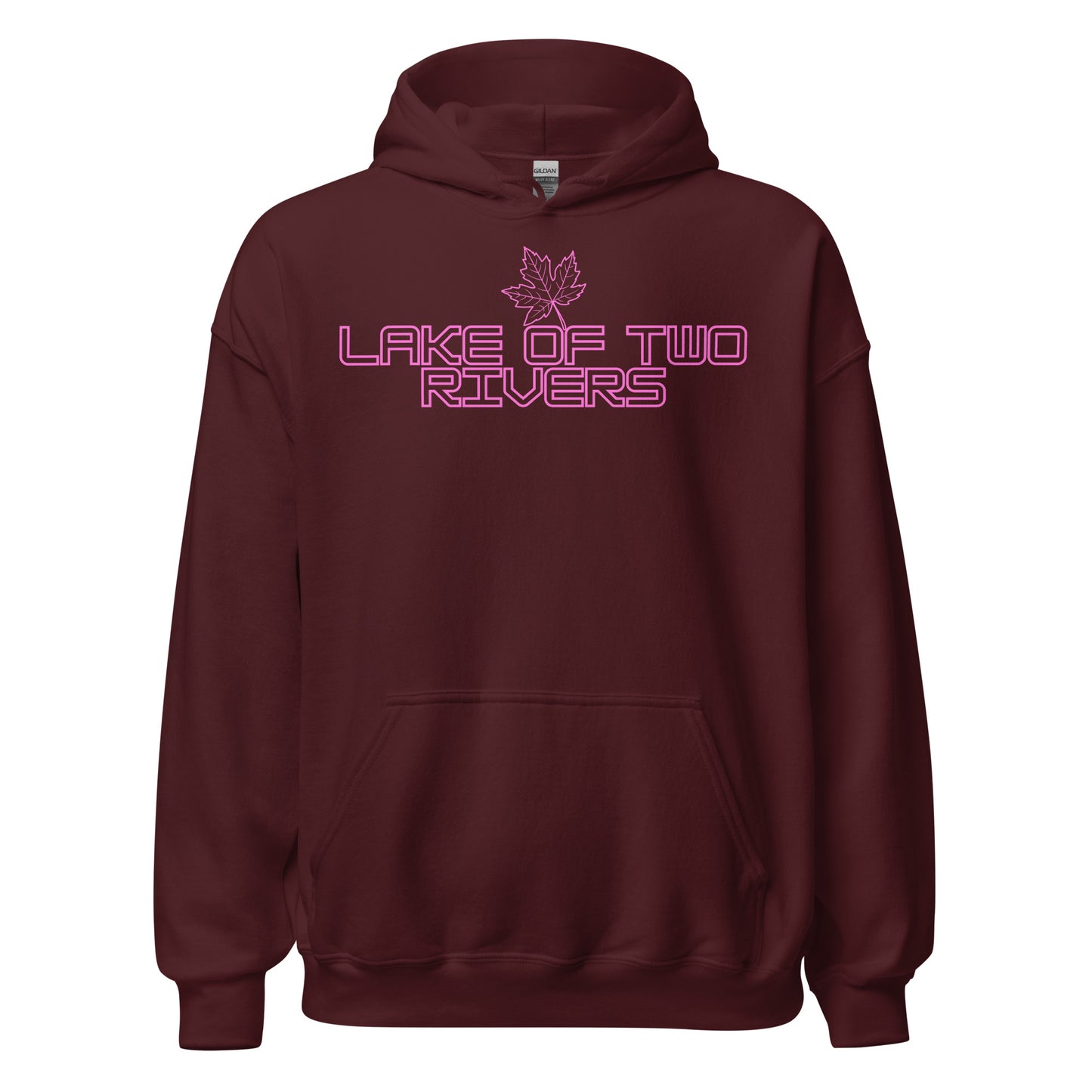 Lake of Two Rivers - Algonquin Park - Bright Pink Design with Maple Leaf - Quality Unisex Hoodie