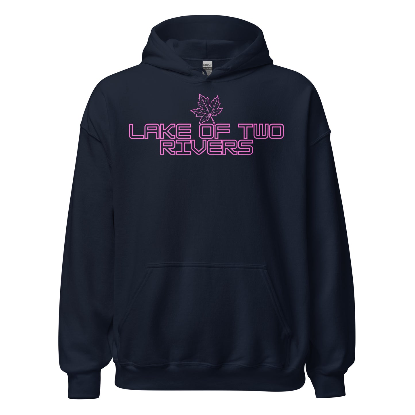 Lake of Two Rivers - Algonquin Park - Bright Pink Design with Maple Leaf - Quality Unisex Hoodie