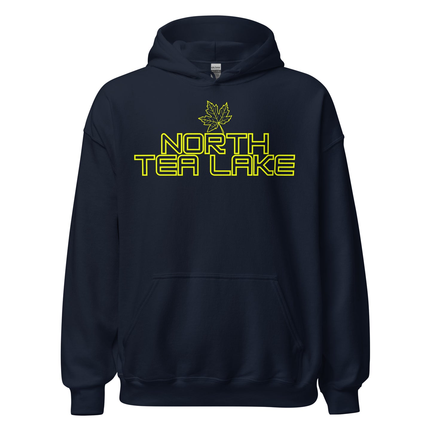 North Tea Lake - Algonquin Park - Bright Yellow Design with Maple Leaf - Quality Unisex Hoodie