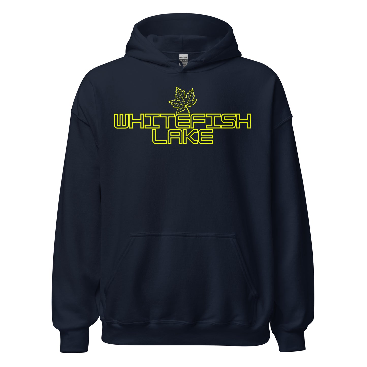 Whitefish Lake - Algonquin Park - Bright Yellow Design with Maple Leaf - Quality Unisex Hoodie