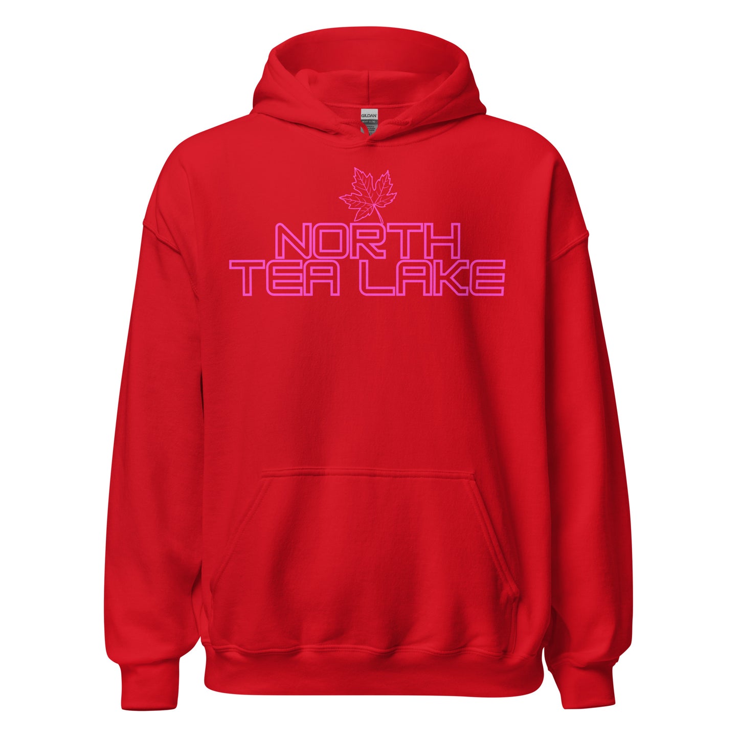 North Tea Lake - Algonquin Park - Bright Pink Design with Maple Leaf - Quality Unisex Hoodie