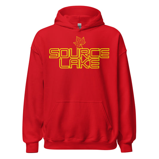 Source Lake - Algonquin Park - Bright Yellow Design with Maple Leaf - Quality Unisex Hoodie