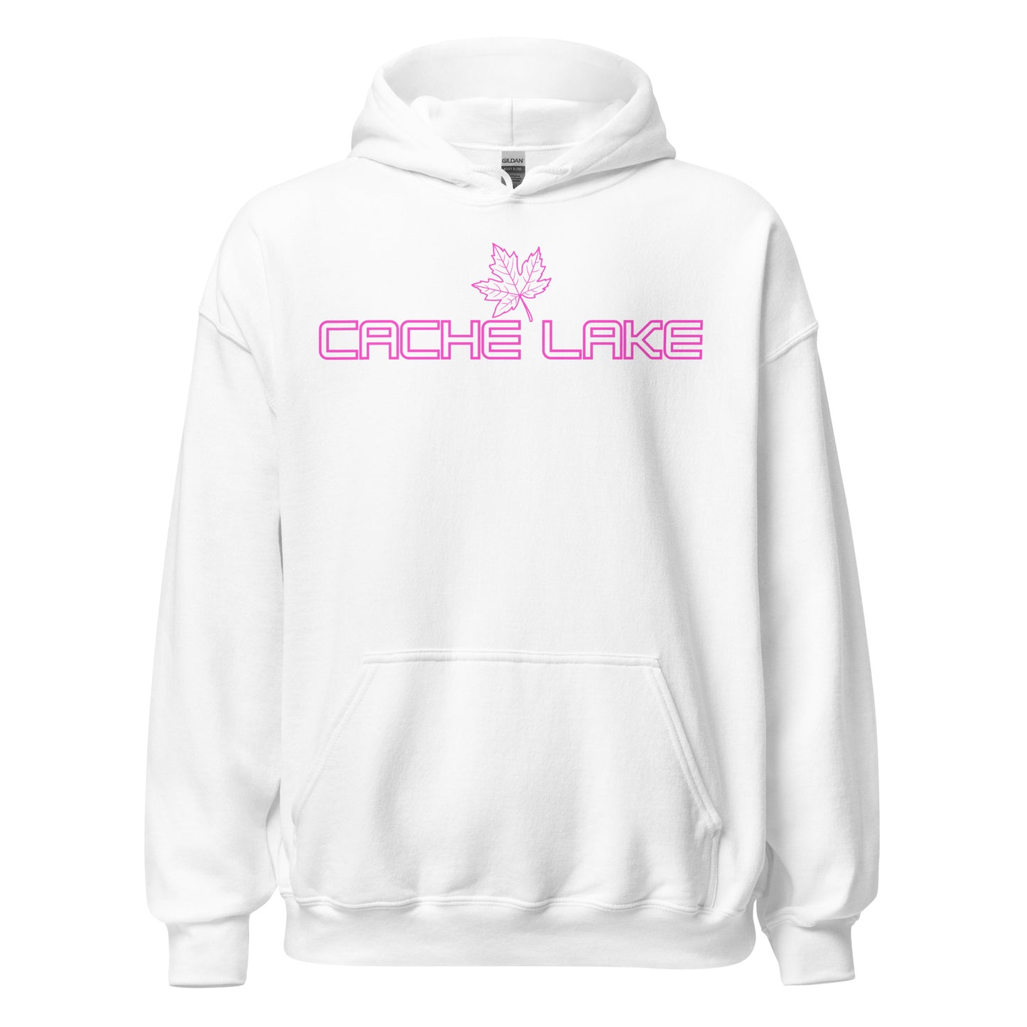 Cache Lake - Algonquin Park - Bright Pink Design with Maple Leaf - Quality Unisex Hoodie