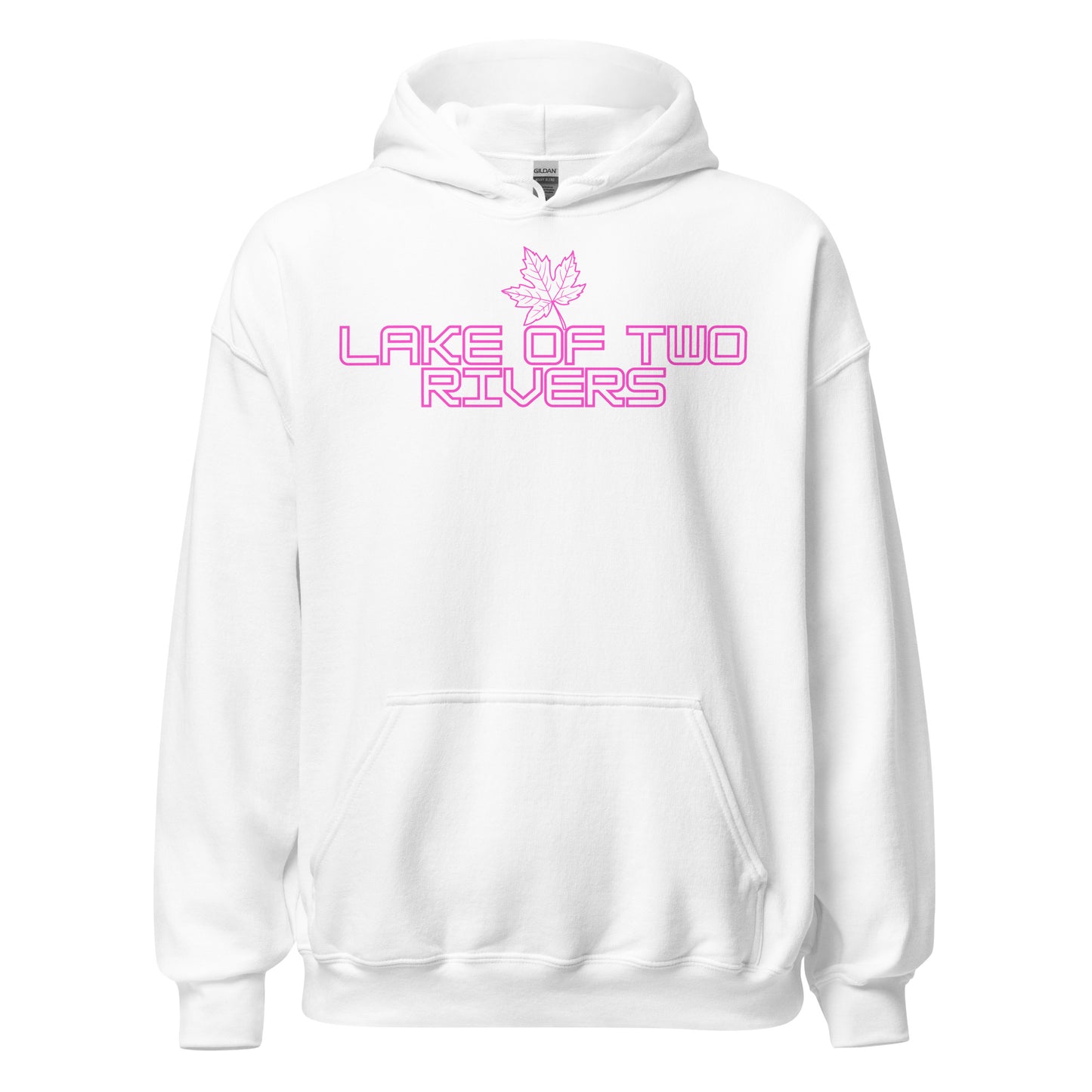 Lake of Two Rivers - Algonquin Park - Bright Pink Design with Maple Leaf - Quality Unisex Hoodie