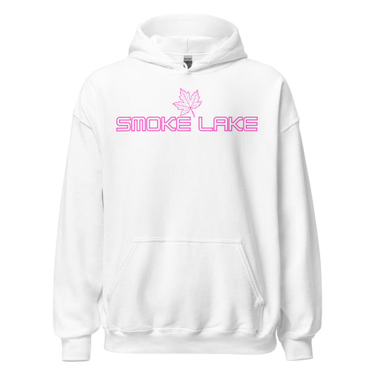 Smoke Lake - Algonquin Park - Bright Pink Design with Maple Leaf - Quality Unisex Hoodie